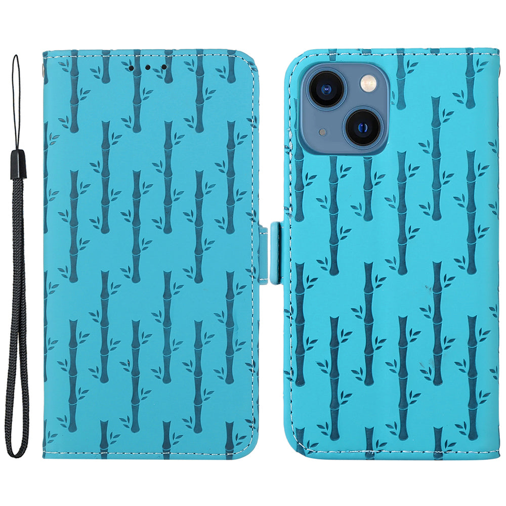 For iPhone 14 Lucky Bamboo Imprinted Phone Case Anti-drop Skin-touch Flip Cover with Strap For iPhone 14 Lucky Bamboo Imprinted Phone Case Anti-drop Skin-touch Flip Cover with Strap